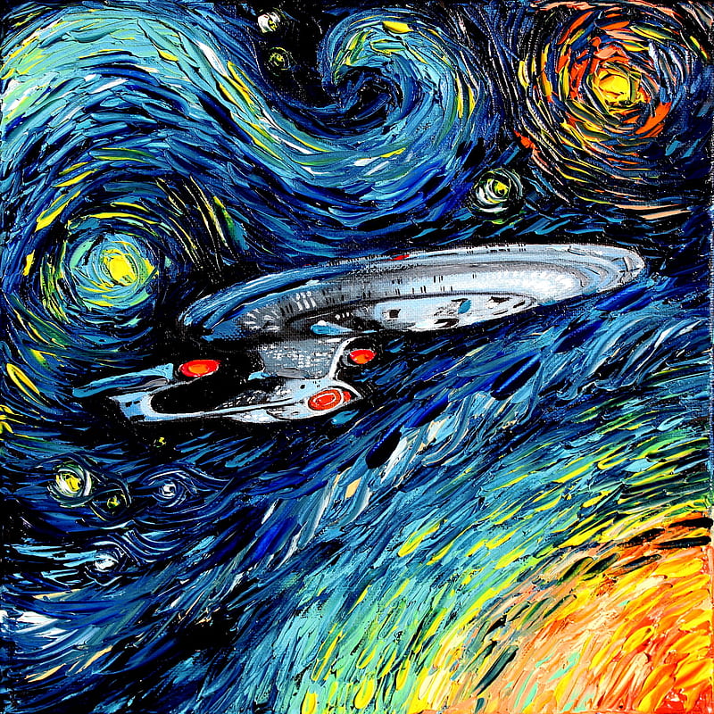 traditional art, painting, artwork, Star Trek, Vincent van Gogh, humor, The Starry Night, starry night, spaceship, TV Series, colorful, the next generation, star trek: the next generation, HD phone wallpaper