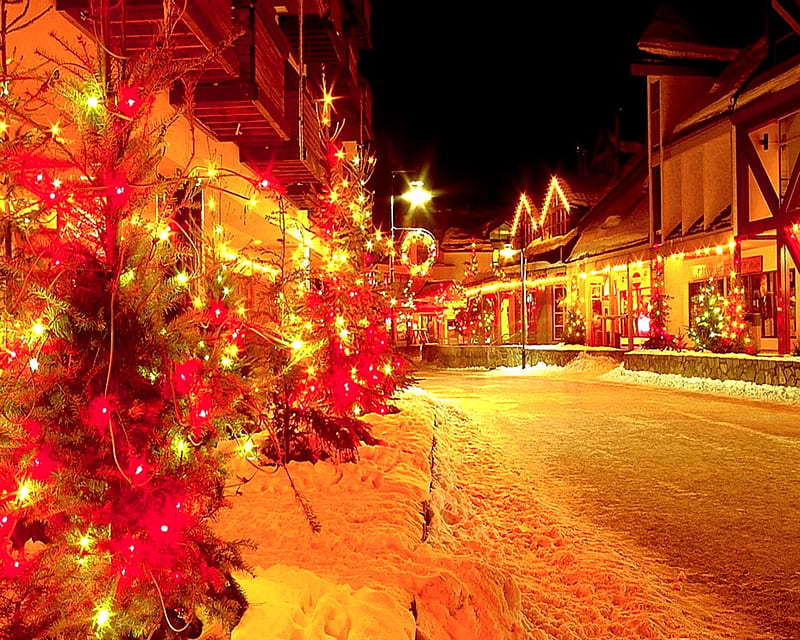 Christmas street, shoping, christmas, homes, stores, decor, lights, snow, nature, street, HD wallpaper
