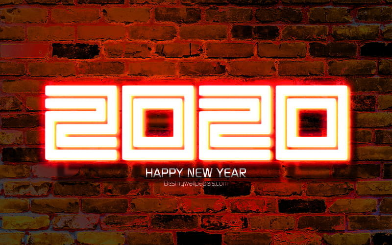 2020 orange neon digits, artwork, Happy New Year 2020, orange brickwall, 2020 neon art, 2020 concepts, orange neon digits, 2020 on orange background, 2020 year digits, HD wallpaper