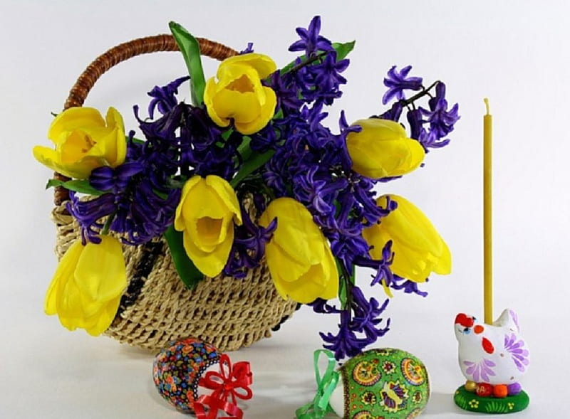 Easter flowers & decorations, Easter, basket, hiacynts, decorations, flowers, tulips, HD wallpaper
