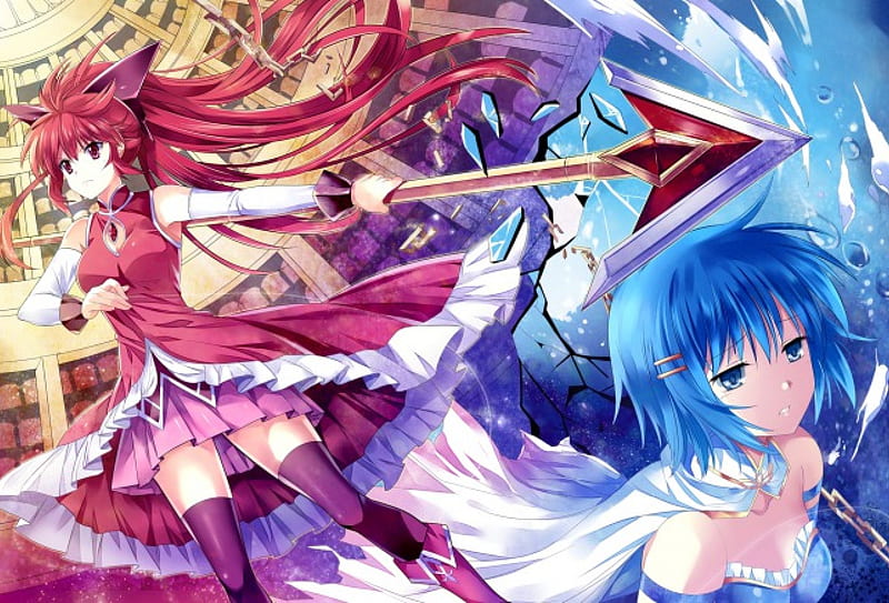 Ying Yang Red Blue, yang, red, fighter, two girls, yellow, fighters, ying yang, anime, spear, ying, oppisites, fierce, long hair, pink, friends, blue, indigo, ladies, short hair, fight, stong, royal blue, HD wallpaper