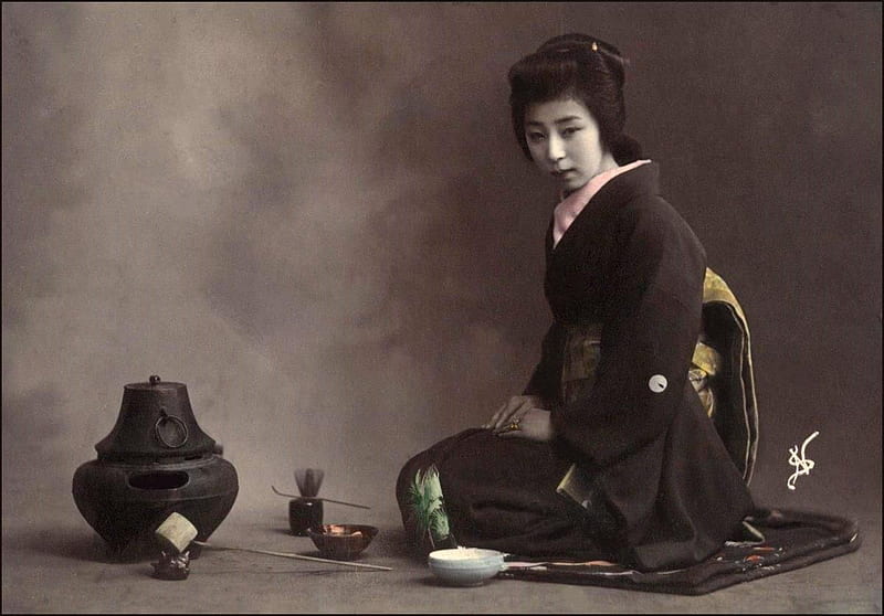 The tea ceremony woman, old, tea ceremony, graphy, japan culture, graph pic, japanese, kimono, wall, asia, asian, HD wallpaper