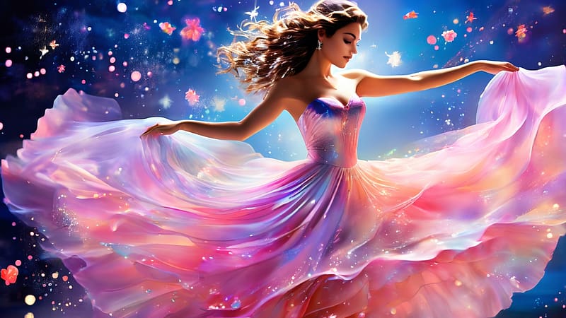 Beautiful woman dancing with her ballet dress, szepseg, tancol, rozsaszin hosszu ruha, barna hosszu haj, lany, kecses, HD wallpaper