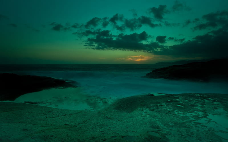 Deep Teal Sea, amazing, view, bonito, sunset, teal, sky, sea, fantasy, water, green, beaches, deep, nature, abyss, HD wallpaper