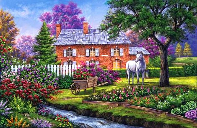 Brick Cottage with Stream and Horse, cottages, houses, love four seasons, spring, attractions in dreams, trees, horse, paintings, summer, flowers, hedge, wheelbarrow, streams, HD wallpaper