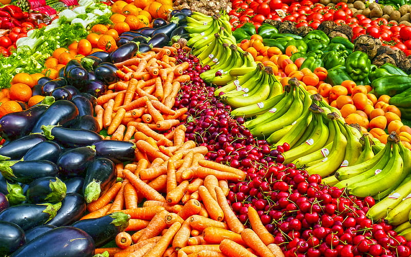 fruits and vegetables tangerines, eggplant, carrots, cherries, bananas, peppers, beets, vegetables, fruits, HD wallpaper