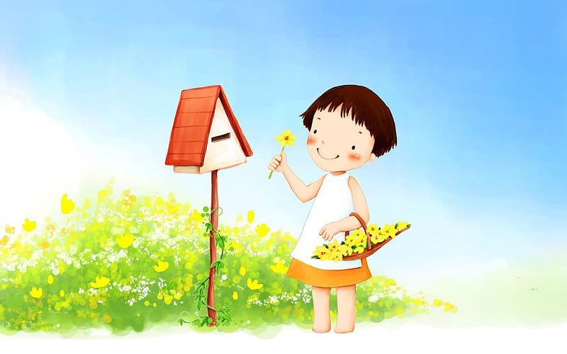 Cute cartoon angel, girl, drawing, flower, spring, mailbox, HD wallpaper