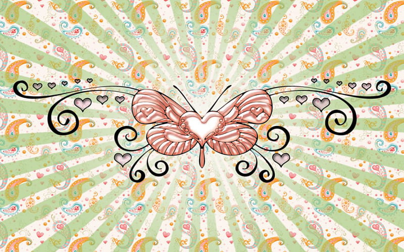 Butterfly Breath, butterfly, paisley, swirls, corazones, abstract, HD wallpaper