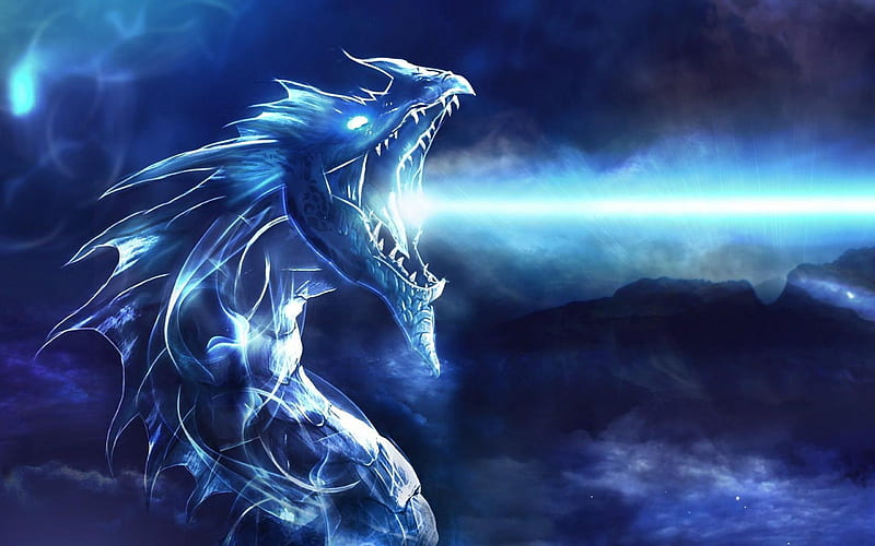 dragon, blue lights, art, HD wallpaper