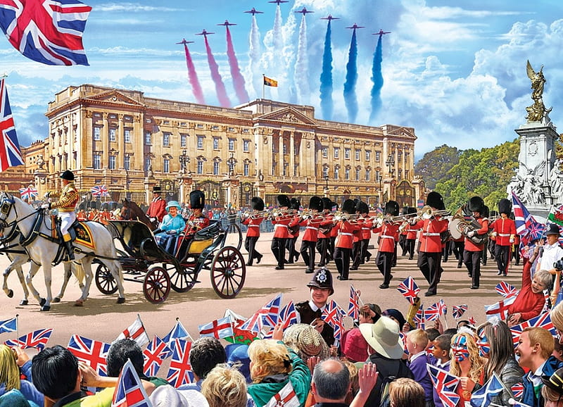Buckingham Palace, queen, cart, artwork, flag, horses, airplane, people, painting, guardians, HD wallpaper