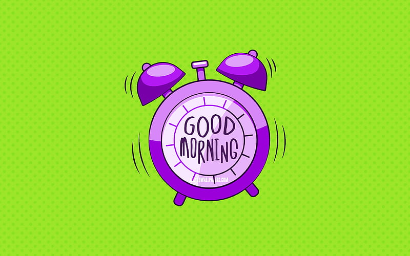 Good Morning, violet alarm clock lime dotted backgrounds, good morning wish, creative, good morning concepts, minimalism, good morning with clock, HD wallpaper