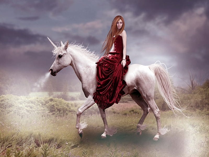 Morning ride, unicorn, morning, horse, sky, woman, HD wallpaper