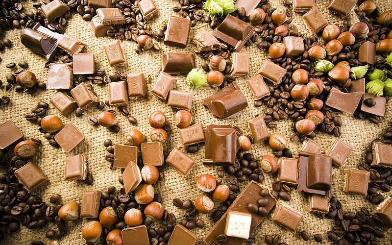 Pick up chocolate, hazelnuts, coffee beans, chocolate, sweet, HD wallpaper