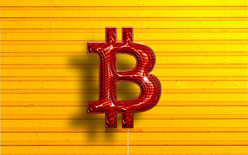 Bitcoin logo red realistic balloons, cryptocurrency, Bitcoin 3D logo, yellow wooden backgrounds, Bitcoin, HD wallpaper