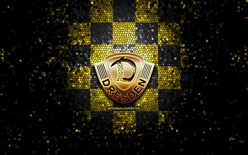 Dynamo Dresden FC, glitter logo, Bundesliga 2, yellow black checkered background, soccer, german football club, Dynamo Dresden logo, mosaic art, football, SG Dynamo Dresden, HD wallpaper