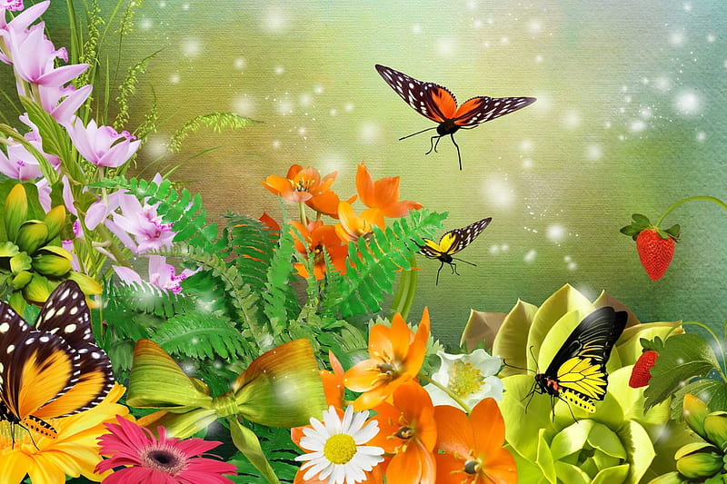 Dreamland, Butterflies, Flower garden, Art, Spring, Wildflowers, HD wallpaper