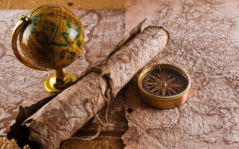 old maps, globe, compass, HD wallpaper