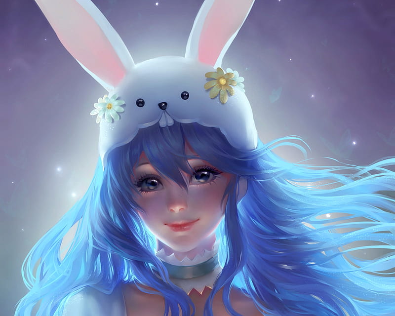 Easter bunny, luminos, wind, ears, easter, fantasy, girl, chubymi, bunny, face, portrait, white, lucina, blue, HD wallpaper