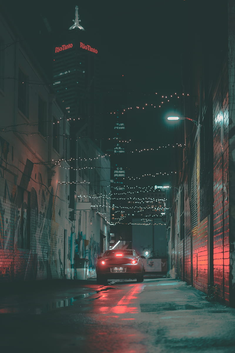 car, rear view, garlands, street, night, HD phone wallpaper