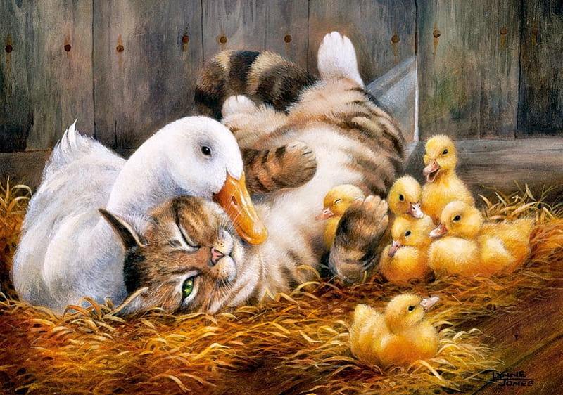 Pals, pretty, fluffy, children, bonito, companions, mother, barn, farm, nice, duck, painting, duckling, friends, playing, art, kitty, joy, cat, lvoely, funny, HD wallpaper