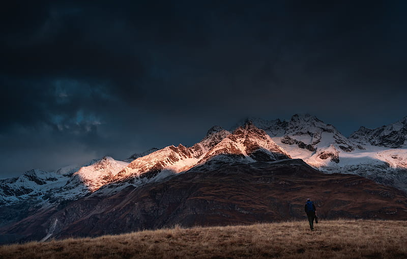 mountains, man, alone, nature, travel, HD wallpaper
