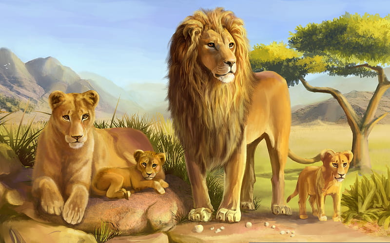 Lions, art, family, leu, cub, painting, pictura, lion, HD wallpaper