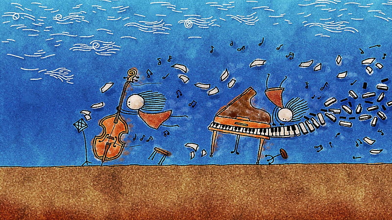 Flowing Music, musicians, keys, brown, grass, wind, fun, clouds, illustration, piano, cello, whimsical, blue, HD wallpaper
