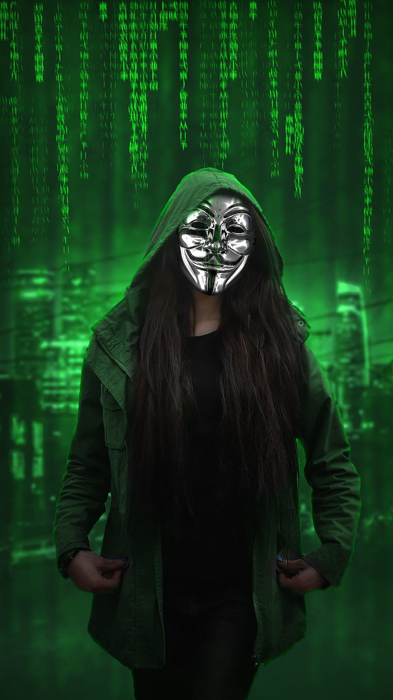 Hacker, City, Code, Danger, Girl, Joan, Locked, Mask, Matrix, Password, HD phone wallpaper