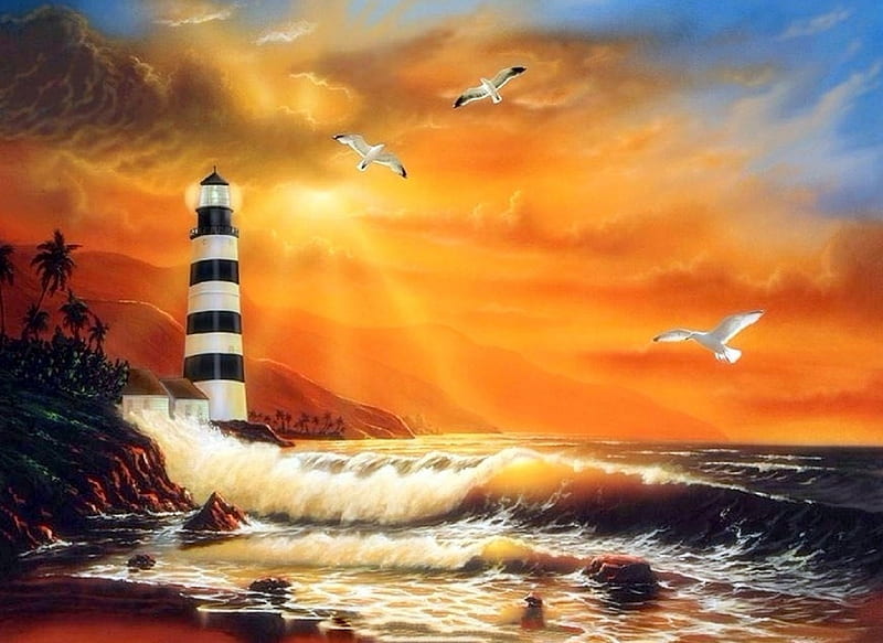 Majestic Lighthouse, love four seasons, attractions in dreams, creative pre-made, sky, seagulls, sea, paradise, beaches, lighthouses, summer, seaside, nature, HD wallpaper