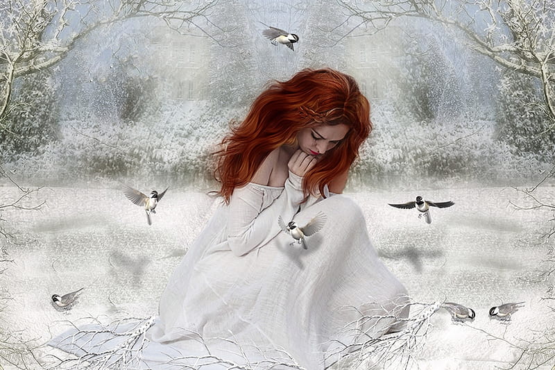 Winter Wings, redhead, White, birds, woman, purity, Fantasy, winter, sweet, girl, snow, Feelings, HD wallpaper