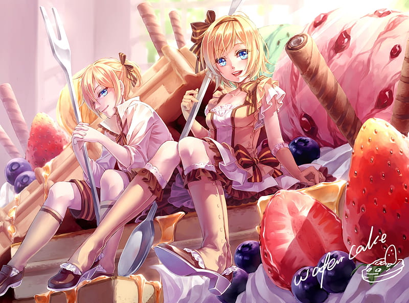 Wafer Cake, candy, cake, len, blond, wafer, strawberry, adorable, sweet, fruit, yummy, anime, anime girl, kagamine, vocaloids, twins, vocaloid, delicious, female, lovely, food, blonde, blonde hair, blond hair, kagamine ken, cute, kawaii, girl, rin, HD wallpaper