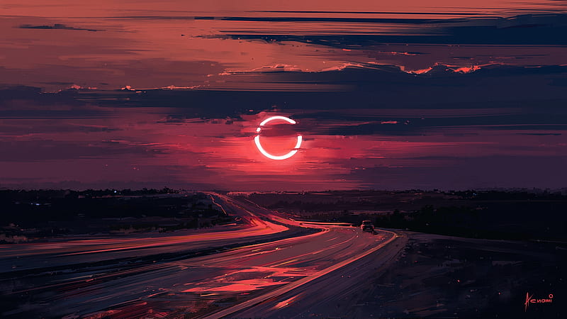 eclipse, red moon, painting, road, Fantasy, HD wallpaper