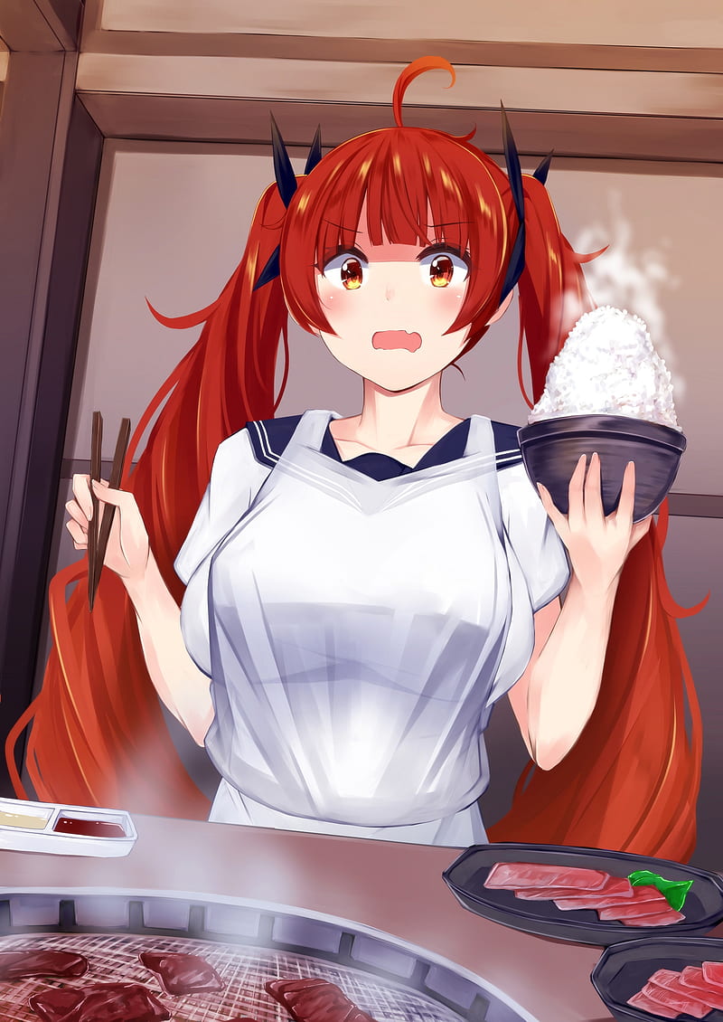 honolulu, red hair, twintails, cooking, rice bowl, meat, Anime, HD phone wallpaper