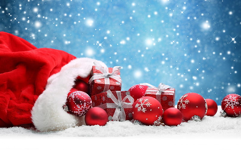 The hat door-gifts, hat christmas, balls, snow, santa claus, gifts, winter, HD wallpaper