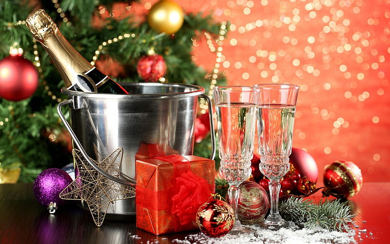 Happy New Year, holidays, christmas, glasses, new year, bucket, winter, tree, balls, balloons, champagne, toys, gifts, celebrations, HD wallpaper