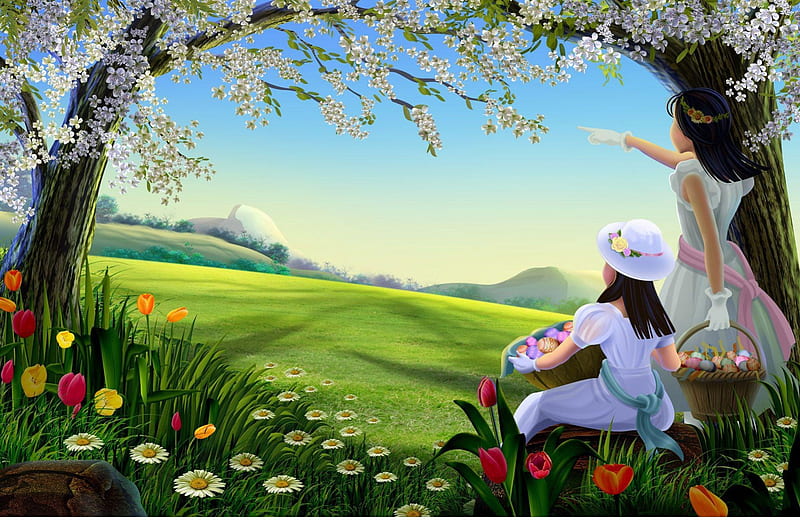 Spring time, grass, easter eggs, time, colors, bonito, spring, cherry tree, basket, painting, flowers, tulips, girls, HD wallpaper