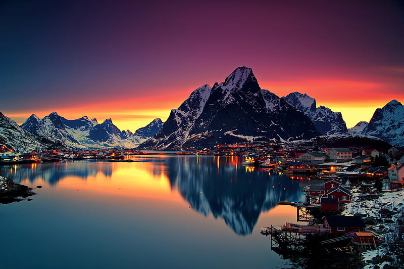 Reinebringen Mountains In Norway, mountains, norway, world, reflection, sunset, sunrise, dusk, dawn, HD wallpaper