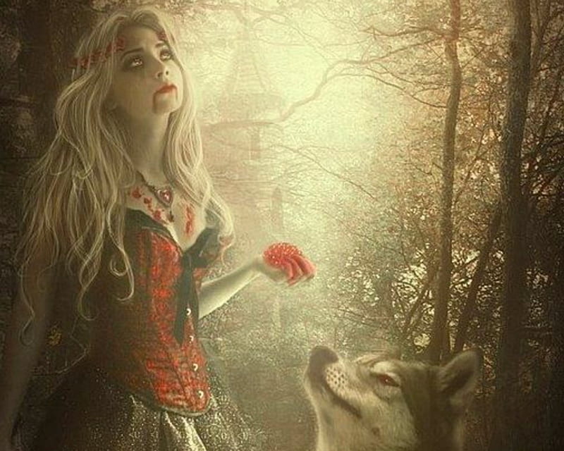 Goth Night, forest, fantasy, wolf, woman, HD wallpaper | Peakpx