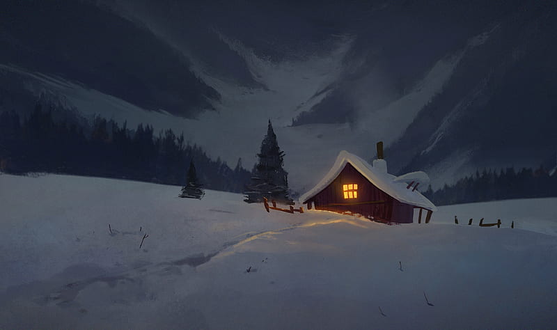 house, hut, night, snow, art, HD wallpaper