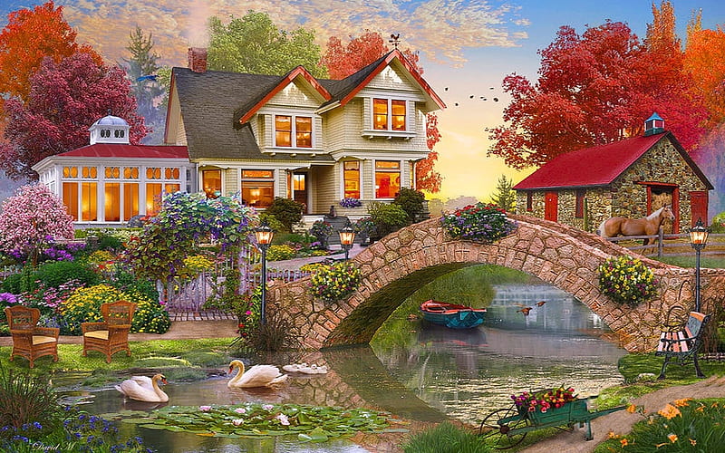 Autumn Home, house, home, Scenic, swans, Stream, bridge, flowers, nature,  Sunrise, HD wallpaper | Peakpx
