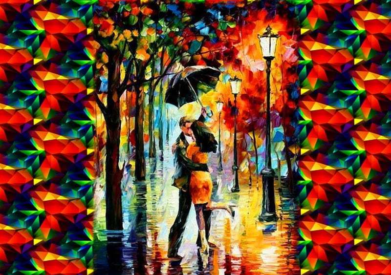 Loving Couple f, art, romance, cityscape, umbrella, artwork, love, painting, wide screen, rain, scenery, couple, HD wallpaper