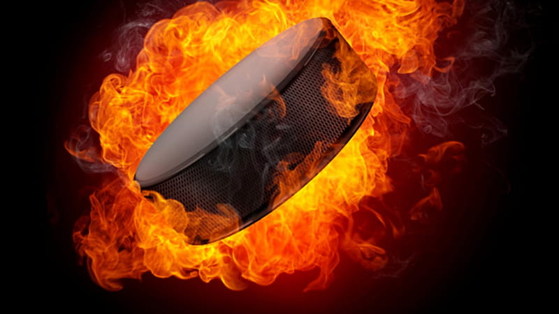 Puck on fire, nhl, puck, winter, cold, fire, hockey, snow, ice, frozen, HD wallpaper
