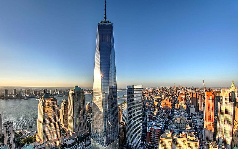 One World Trade Center, New York City, morning, sunrise, skyscrapers, cityscape, Manhattan, skyline, New York, USA, One WTC, 1 World Trade Center, HD wallpaper