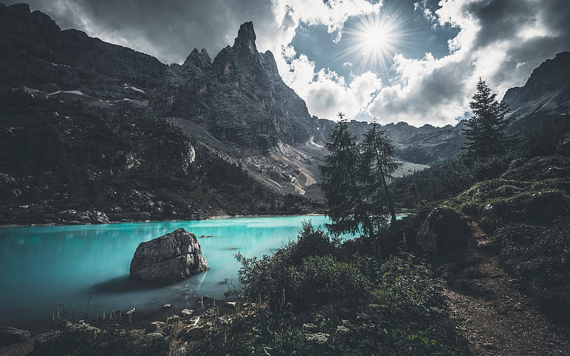 mountains lake, summer, brigth sun, blue lake, North America, HD wallpaper