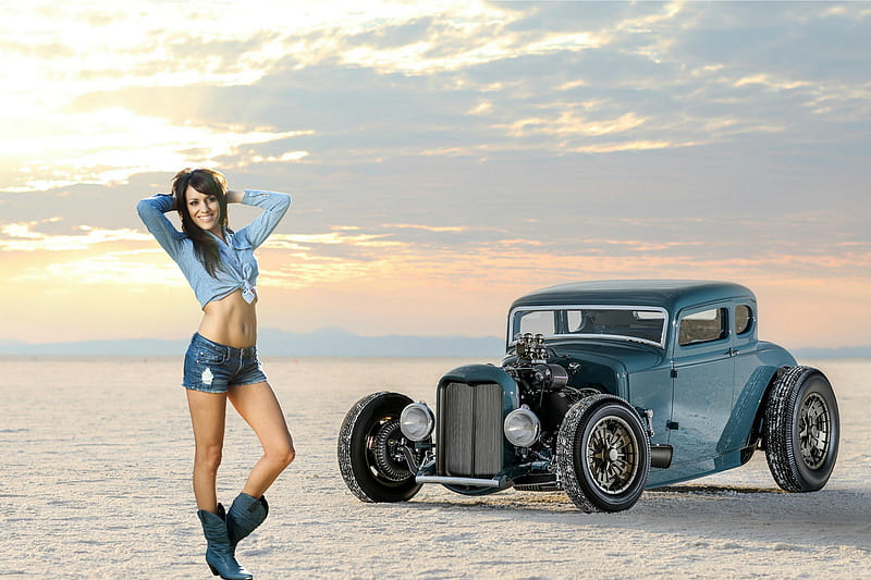 Cowgirl and a '32 Ford Hotrod, hotrod, cowgirl, ford, car, HD wallpaper