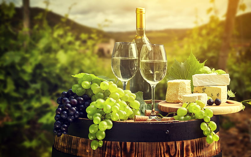 wine, grapes, cheese, barrel, summer, HD wallpaper