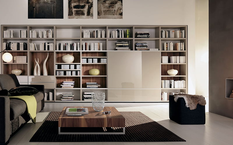 modern interior, library, bookstore modern wardrobe, HD wallpaper