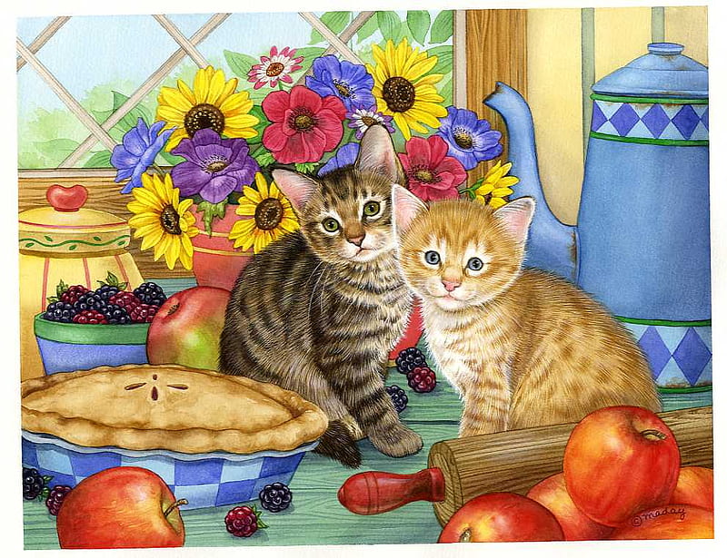 By Jane Maday, apple, cake, art, sunflower, cat, animal, jane maday, painting, flower, kitten, HD wallpaper