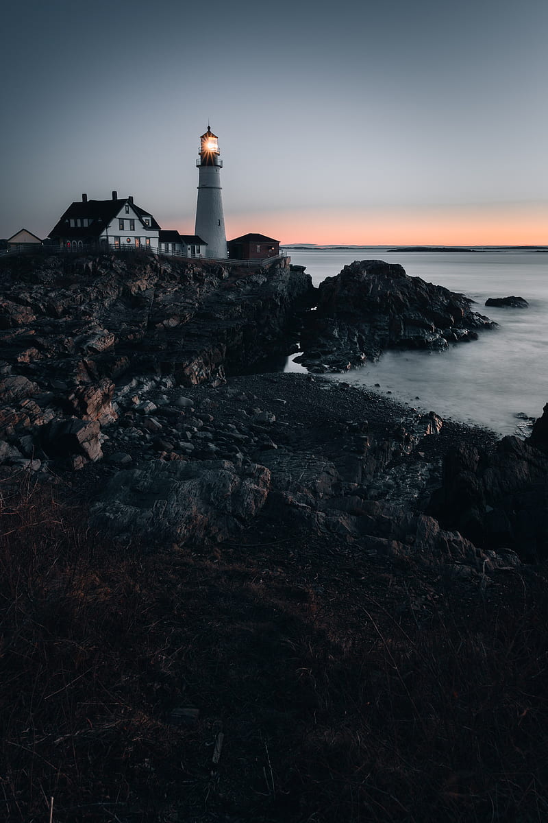 lighthouse, building, shore, sea, dusk, HD phone wallpaper
