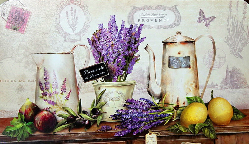 Lavender from Provence, pretty, cafe, Provence, lovely, fruits, scent, bonito, lavender, olives, fragrance, lemon, still life, leaves, nice, flowers, arrangement, HD wallpaper
